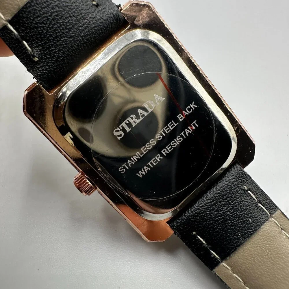 Strada Watch Women Rose Gold Tone Black Dial Crystal Bezel New Battery 9